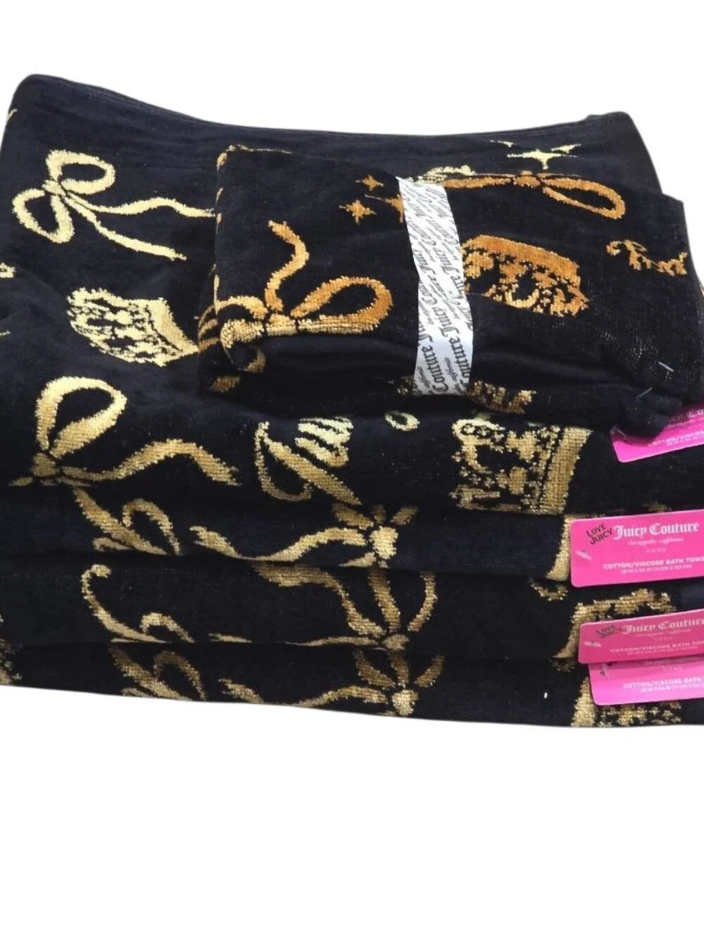 Juicy Couture Home Logo Crown & Bow Motif Cotton ViscoseTowel Set - Black/Gold